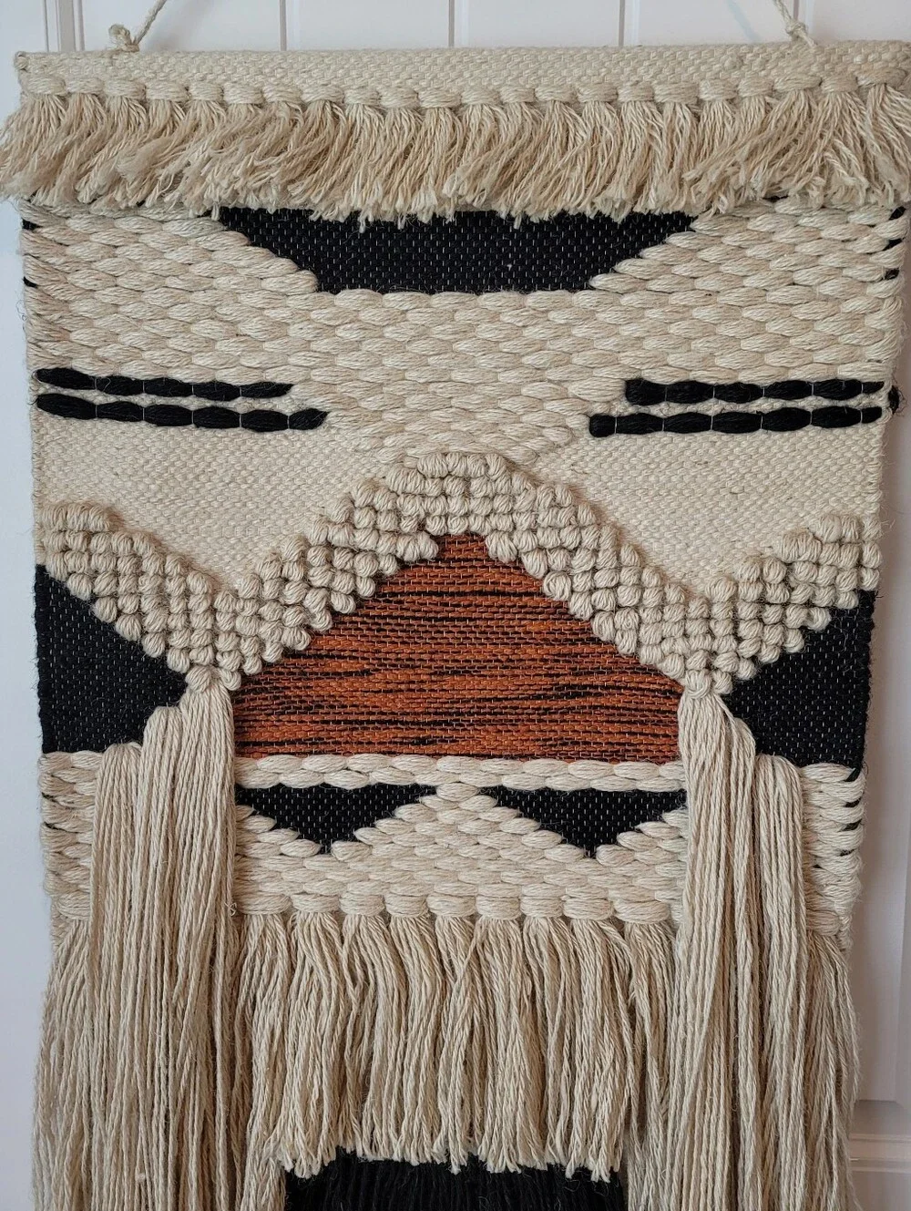 India Woven Jute Boho Wall Hanging - Neutral Cream, Black & Burnt Orange MCM